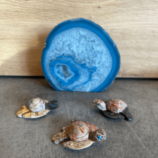 Speksteen diertje in de vorm van een Zeeschildpad. Speksteen bevordert het zelfvertrouwen.