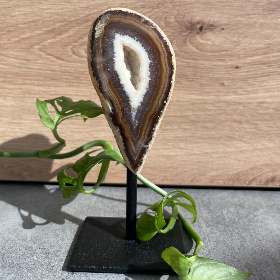 Agaat op standaard. Agaat werkt aardend, stabiliserend en beschermend. Het helpt jezelf accepteren en helpt vertrouwen hebben in jezelf.